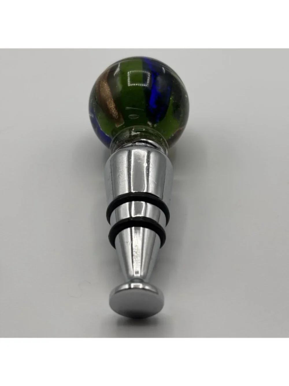 Art Glass Wine Bottle Stopper Topper Green Ball Gold Blue Striped Glossy Bubbles